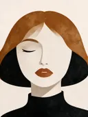 Vrouw met hoge kraag in oker, mid-century modern schilderij