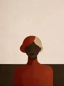 Vrouw met hoge kraag in steenrood, mid-century modern schilderij