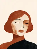 Vrouw met hoge kraag in terracotta, mid-century modern schilderij