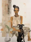 Vrouw met hond en witte bloemen, portret schilderij