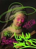 Graffiti-kunstwerk 'Vrouw met Hoofddoek Graffiti Editie', klassiek portret met street-art overspoten