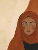Schilderij van vrouw met hoofddoek in roest en crème, in vlakke kleurvlakken