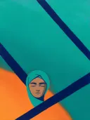 Schilderij van vrouw met hoofddoek in turkoois en mandarijn