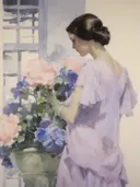 Vrouw met hortensia's bij het raam, portret schilderij