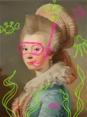 Graffiti-kunstwerk 'Vrouw met Kapsel Graffiti Editie', klassiek portret met street-art overspoten