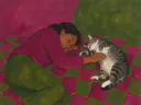 Schilderij van vrouw met kat in magenta en olijf, in vlakke kleurvlakken