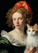 Vrouw met kat schilderij in barokke stijl, klassiek portret