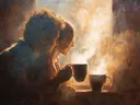 Schilderij van een vrouw die koffie drinkt bij een raam