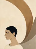 Schilderij van vrouw met kort haar in camel en ivoor, in vlakke kleurvlakken