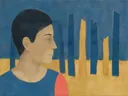Schilderij van vrouw met kort haar in delfsblauw en mosterd, in vlakke kleurvlakken