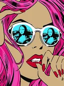Pop-art portret van een vrouw met roze haar en een zonnebril met de Mona Lisa erin weerspiegeld