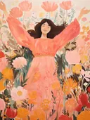 Portret van een vrouw in roze jurk met opgeheven armen tussen kleurrijke bloemen.