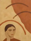 Schilderij van vrouw met opgeheven hand in terracotta en zand, in vlakke kleurvlakken