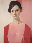 Portret van een vrouw met opgestoken donker haar in rode en roze kleding, eenvoudige stijl