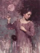 Schilderij: vrouw met oplossende randen in aubergine