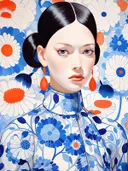 Portret van een vrouw met blauwe ogen en oranje oorbellen tegen een blauw-wit bloemenbehang.