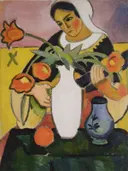 Vrouw met oranje tulpen in een witte vaas van August Macke