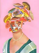 Surrealistisch collage-portret van een vrouw met een hoofd van paddenstoelen