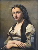 Vrouw met parel van Jean-Baptiste Camille Corot: portret met vrouw, hoofdband, gevouwen armen en blouse, in donkerbruin met wit