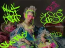 Graffiti-kunstwerk 'Vrouw met Parelketting Graffiti Editie', klassiek portret met street-art overspoten