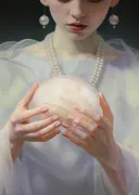Vrouw met parelschelp in handen schilderij, verstild portret