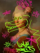 Graffiti-kunstwerk 'Vrouw met Roos in het Haar Graffiti Editie', klassiek portret met street-art overspoten