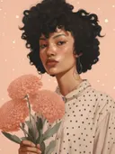 Modern gestileerd portret van een vrouw met donker krullend haar, polka dot blouse en roze anjers in de hand