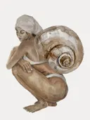 Illustratie van een figuur in bikini, gehurkt, met een groot spiraalvormig slakkenhuis op de rug