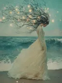 Vrouw aan zee met haar dat overgaat in fonkelende lichtjes tegen een blauwe lucht