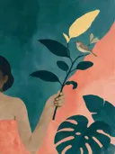 Schilderij van vrouw met tak en vogel in petrol en koraal, in vlakke kleurvlakken
