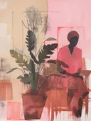 Gestileerde figuur van een vrouw met tulband zittend naast een grote kamerplant in roze en terracotta tinten