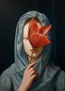 Vrouw met rode tulp schilderij, klassiek portret