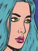 Pop-art portret van een vrouw met turquoise haar en groene ogen