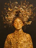 Vrouw met veldbloemen, olieverf in amberglans, schilderachtig olieverf schilderij, vrouw met veldbloemen