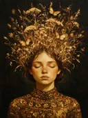 Vrouw met veldbloemen, olieverf in diep amberglans, schilderachtig olieverf schilderij, vrouw met veldbloemen