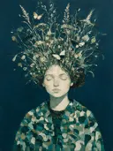 Vrouw met veldbloemen, olieverf in diep diepgroen, schilderachtig olieverf schilderij, vrouw met veldbloemen