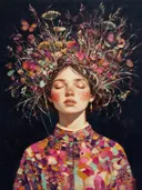 Vrouw met veldbloemen, olieverf in diep fel magenta, schilderachtig olieverf schilderij, vrouw met veldbloemen