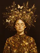 Vrouw met veldbloemen, olieverf in diep kastanje en goud, schilderachtig olieverf schilderij, vrouw met veldbloemen