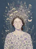 Vrouw met veldbloemen, olieverf in diep lavendelvelden, schilderachtig olieverf schilderij, vrouw met veldbloemen