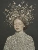 Vrouw met veldbloemen, olieverf in diep mist, schilderachtig olieverf schilderij, vrouw met veldbloemen