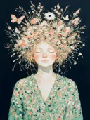 Vrouw met veldbloemen, olieverf in diep munt en koraal, schilderachtig olieverf schilderij, vrouw met veldbloemen
