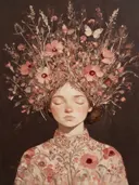 Vrouw met veldbloemen, olieverf in diep oud roze, schilderachtig olieverf schilderij, vrouw met veldbloemen