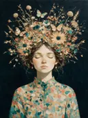 Vrouw met veldbloemen, olieverf in diep turkoois en zand, schilderachtig olieverf schilderij, vrouw met veldbloemen