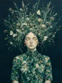 Vrouw met veldbloemen, olieverf in diepgroen, schilderachtig olieverf schilderij, vrouw met veldbloemen