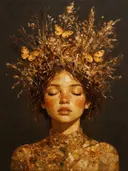 Vrouw met veldbloemen, olieverf in donker amberglans, schilderachtig olieverf schilderij, vrouw met veldbloemen