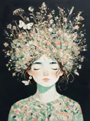 Vrouw met veldbloemen, olieverf in donker munt en koraal, schilderachtig olieverf schilderij, vrouw met veldbloemen