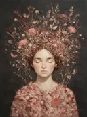 Vrouw met veldbloemen, olieverf in donker oud roze, schilderachtig olieverf schilderij, vrouw met veldbloemen