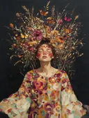Vrouw met veldbloemen, olieverf in fel magenta, schilderachtig olieverf schilderij, vrouw met veldbloemen