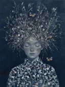 Vrouw met veldbloemen, olieverf in inkt en steen, schilderachtig olieverf schilderij, vrouw met veldbloemen