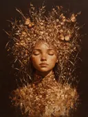 Schilderachtig olieverf schilderij, vrouw met veldbloemen in kaneel en karamel